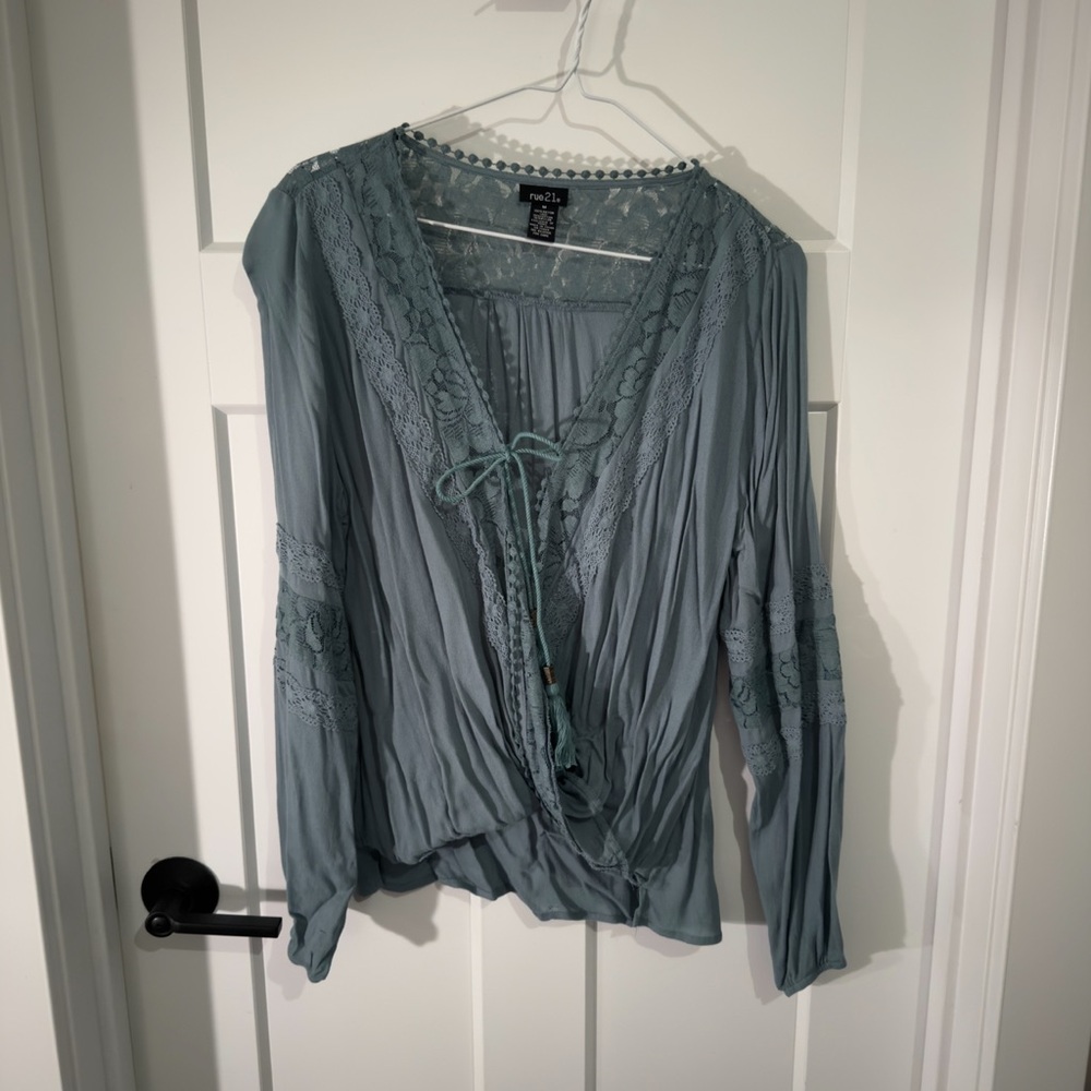 Rue21 Blue Lace Detail Boho Long Sleeve Blouse